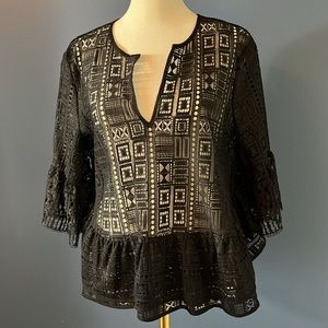 BCBG MaxAzria Black Lace Ruffle Top, sheer, to be worn over tank top/camisolle